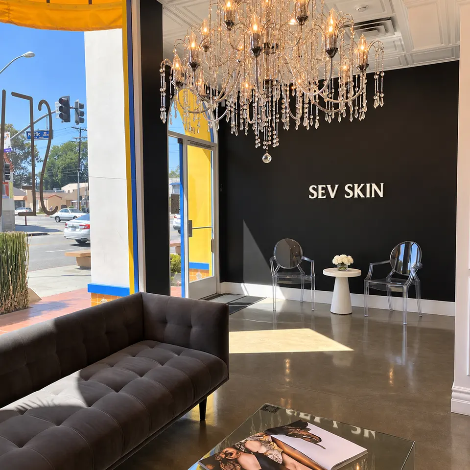 Lobby of SEV Skin Glendale with chandelier and SEV SKIN wall sign
